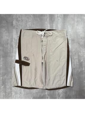 Y2K Beige Gotcha Surf Grunge Distressed Baggy Board Shorts